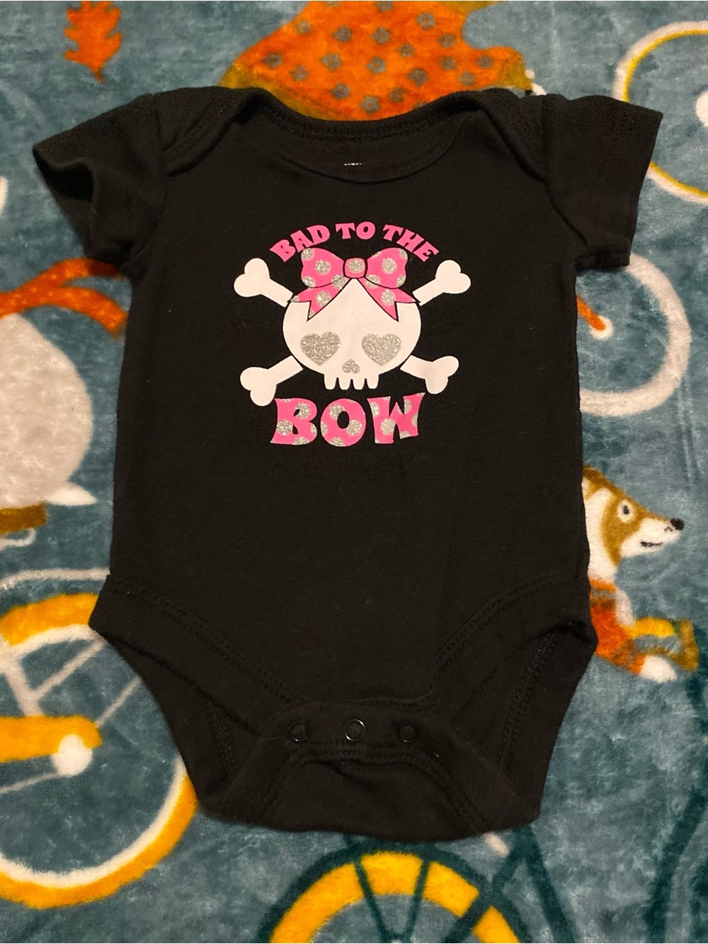 Baby Girl Newborn "Bad to the Bow" Skull & Bow Black/Pink Halloween Onesie